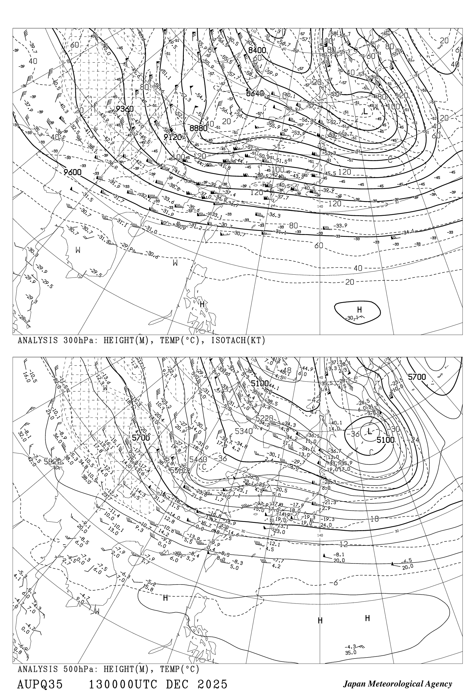 高層天気図(アジア500hPa・300hPa高度・気温・風・等風速線天気図) 高層天気図(アジア500hPa・300hPa高度・気温・風・等風速線天気図)