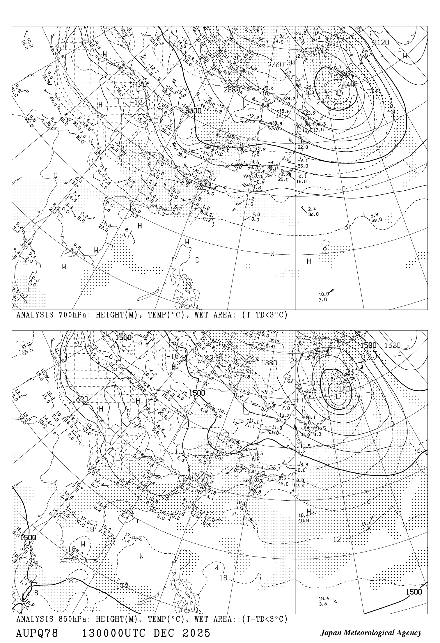 高層天気図(アジア850hPa・700hPa高度・気温・風・湿数天気図) 高層天気図(アジア850hPa・700hPa高度・気温・風・湿数天気図)