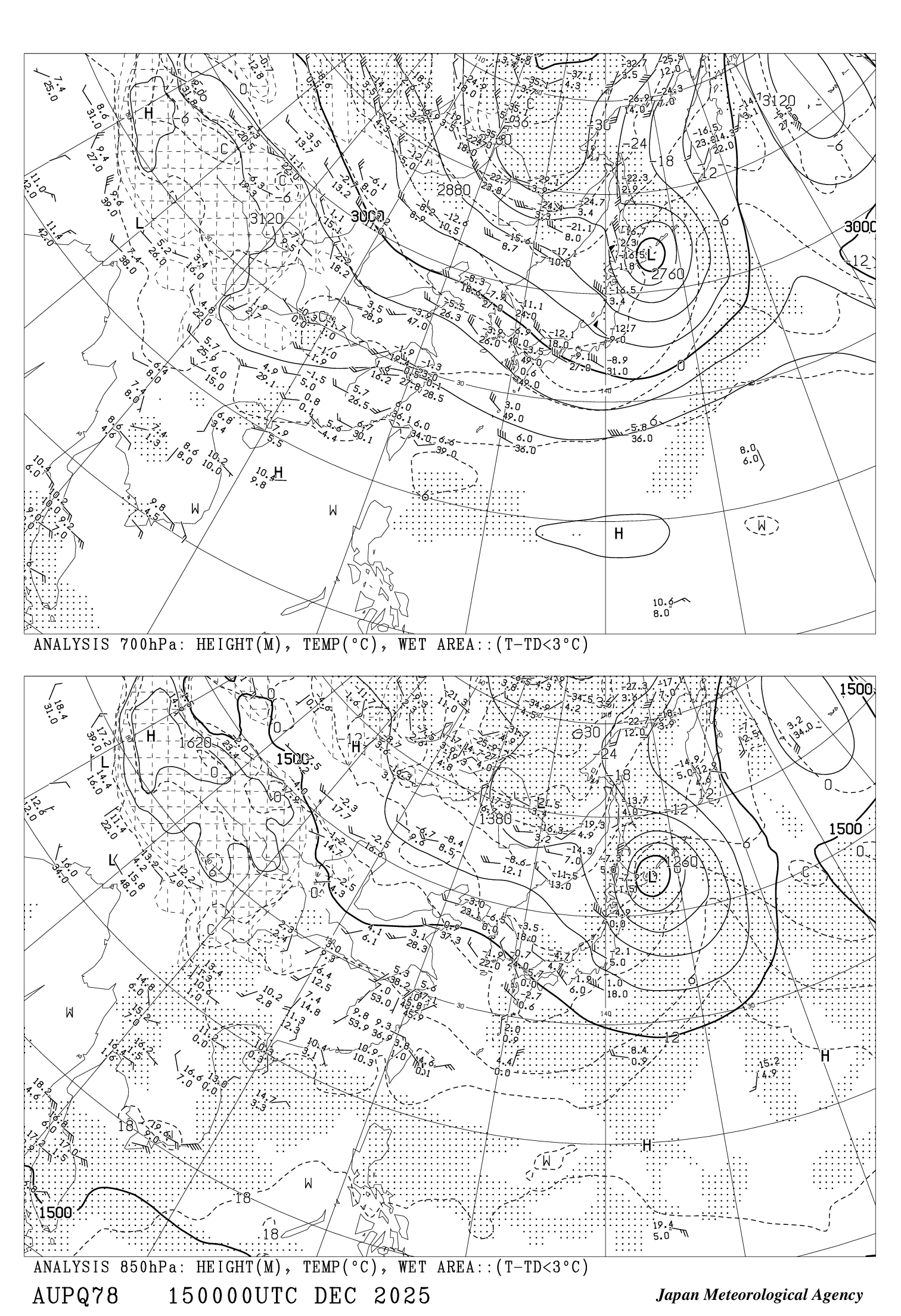 高層天気図(アジア850hPa・700hPa高度・気温・風・湿数天気図) 高層天気図(アジア850hPa・700hPa高度・気温・風・湿数天気図)