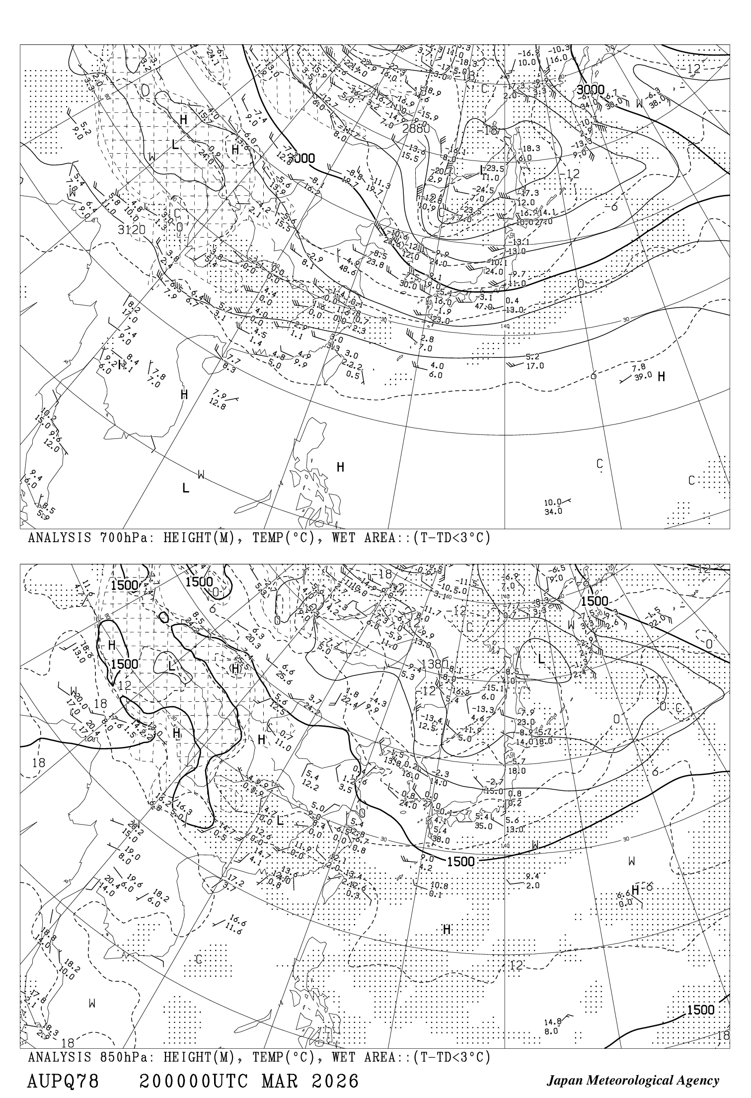 高層天気図(アジア850hPa・700hPa高度・気温・風・湿数天気図) 高層天気図(アジア850hPa・700hPa高度・気温・風・湿数天気図)
